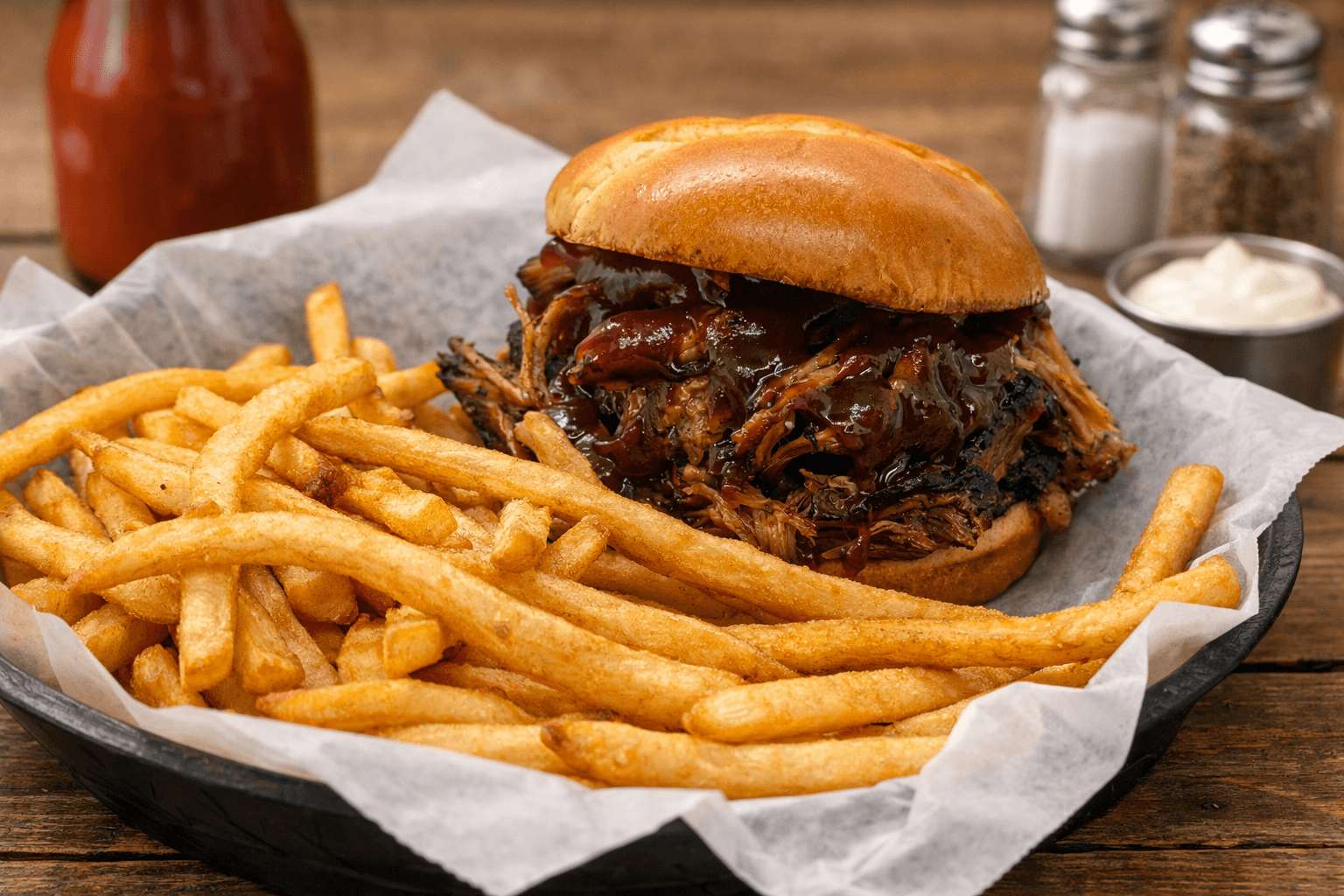 Pulled pork sandwich with house BBQ sauce